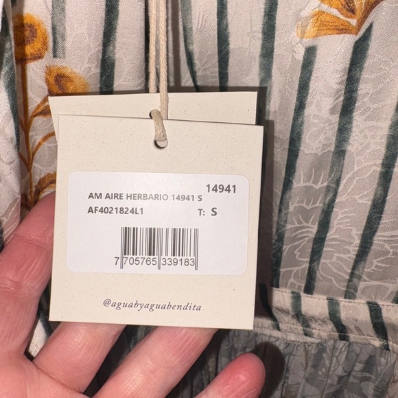 Agua Bendita Strip Floral Maxi Dress Short Sleeve Cream Green Size Small NWT - Picture 13 of 16